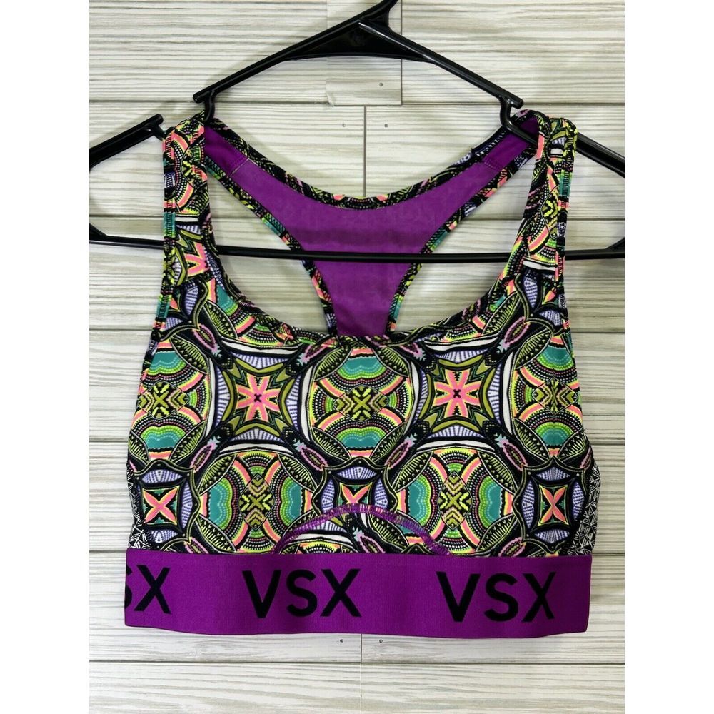Victoria's Secret VSX Sport Purple Multicolor Print Sports Athletic Bra Size Sm